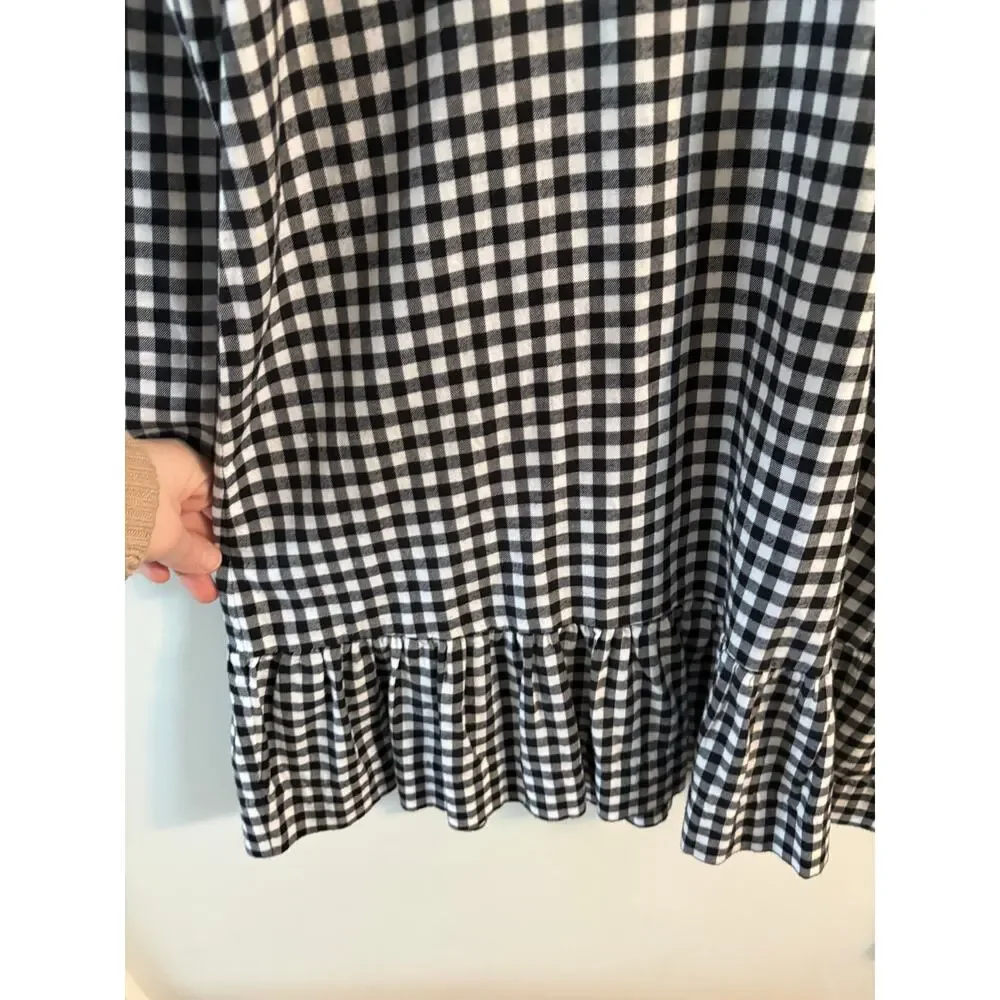 J. Crew Gingham Plaid Ruffle Dress XS Black White Tie Back Long Sleeve Twee